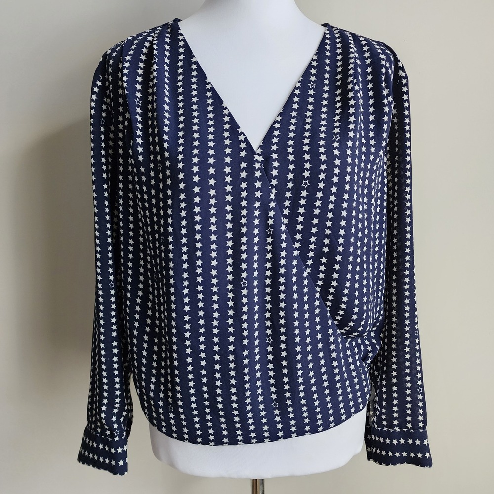 H&M‎ Shirt Womens Patriotic Navy White Stars Blouse Star Spangled Banner USA